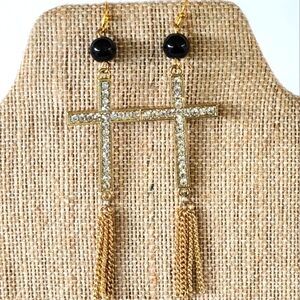 Hand Crafted Earrings Black Bead Rhinestone Cross Dangle Drop Pierced Fringe